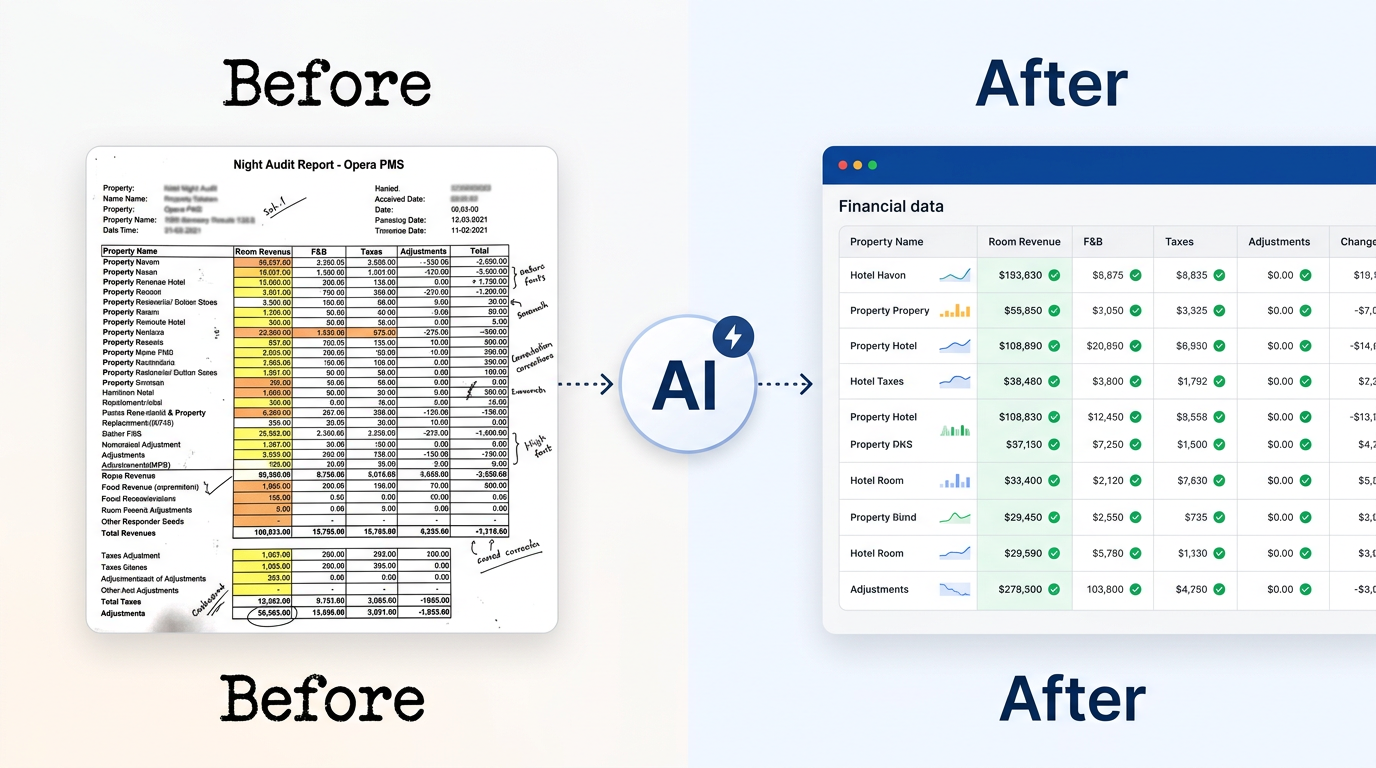 Before and after comparison  - raw messy night audit PDF transformed into clean structured financial data by Wiser Digits AI